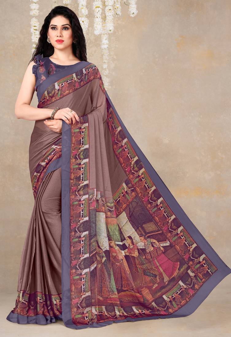women's solid/madhibani print chiffon saree -rose
