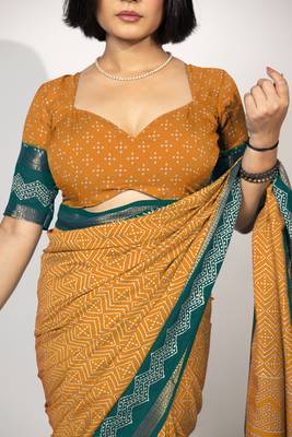 women's chevron/zig zag print cotton silk saree -orange 5