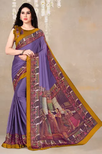 women's solid/madhibani print chiffon saree -purple
