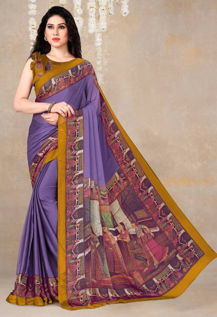 women's solid/madhibani print chiffon saree -purple