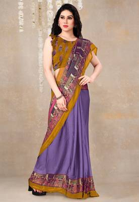 women's solid/madhibani print chiffon saree -purple 2