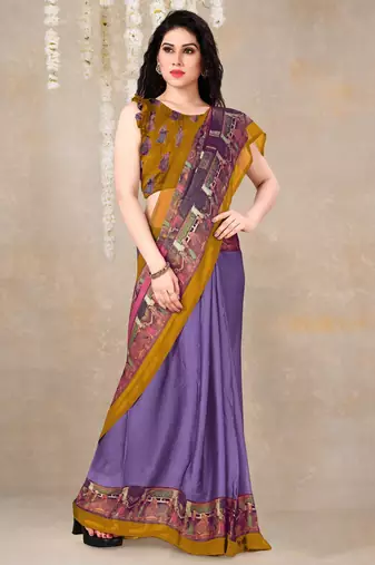 women's solid/madhibani print chiffon saree -purple