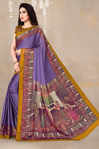 women's solid/madhibani print chiffon saree -purple