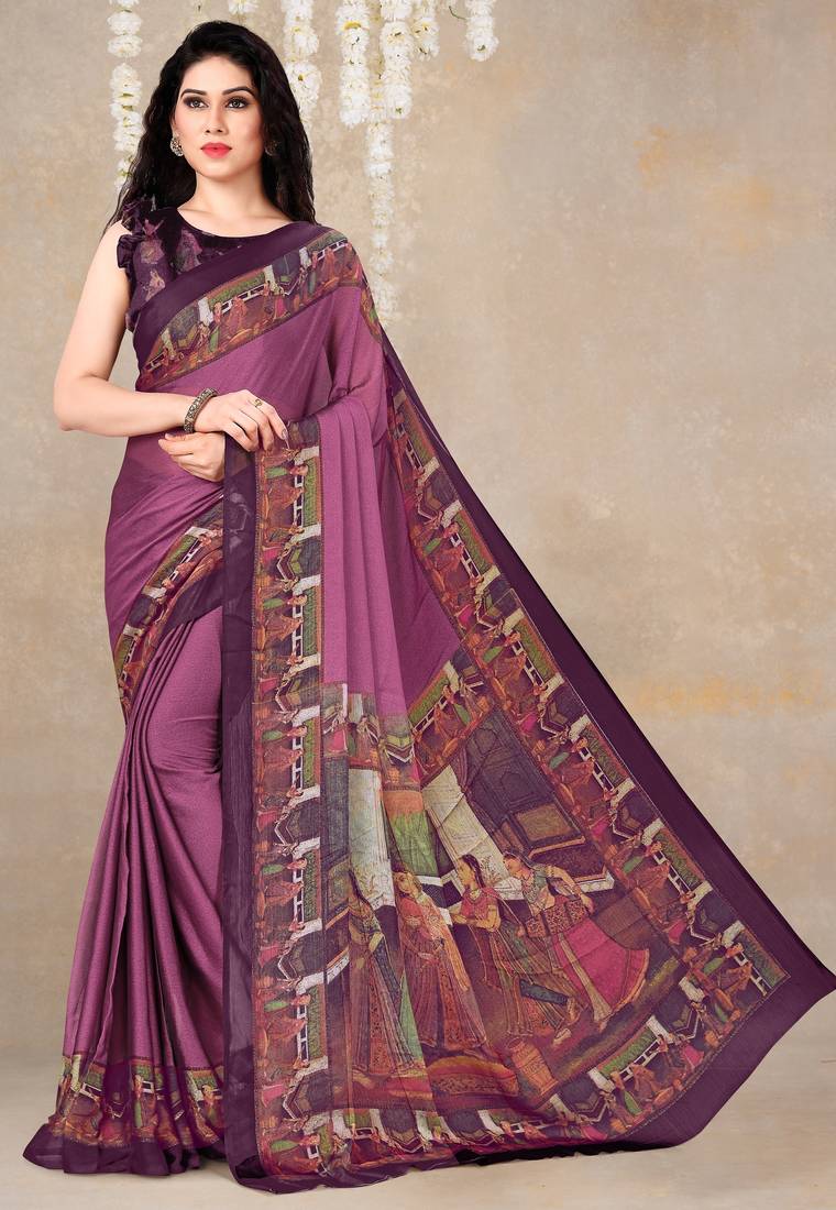 women's solid/madhibani print chiffon saree -magenta