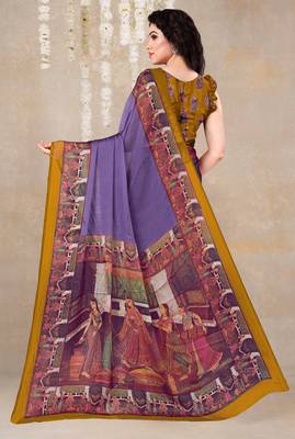 women's solid/madhibani print chiffon saree -purple 4