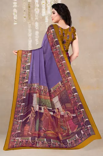 women's solid/madhibani print chiffon saree -purple