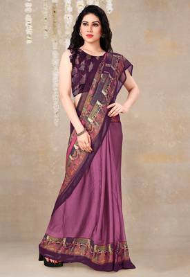 women's solid/madhibani print chiffon saree -magenta 2
