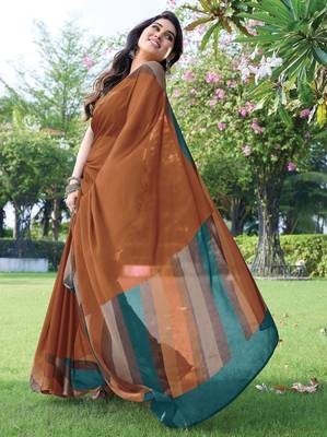 women's solid stripe print chiffon saree -rust 2