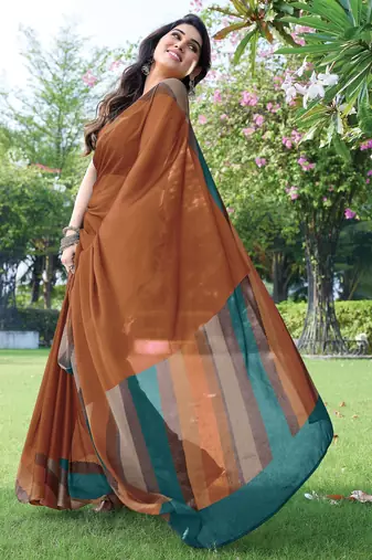 women's solid stripe print chiffon saree -rust