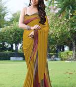 women's solid stripe print chiffon saree -yellow
