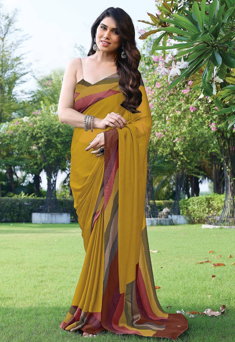 women's solid stripe print chiffon saree -yellow