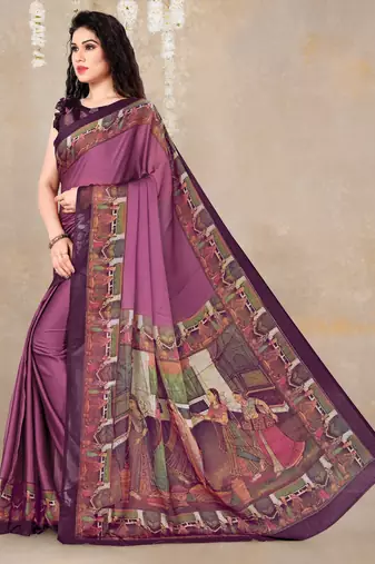 women's solid/madhibani print chiffon saree -magenta