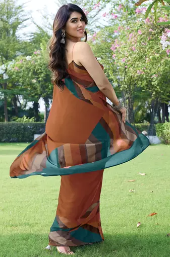 women's solid stripe print chiffon saree -rust