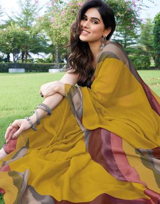 women's solid stripe print chiffon saree -yellow 2