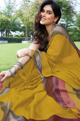 women's solid stripe print chiffon saree -yellow