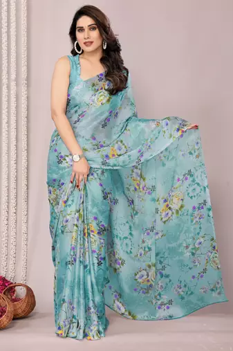 women's floral print chiffon saree -turquoise