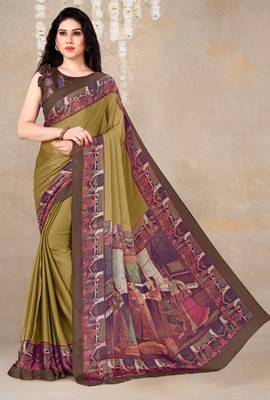 women's solid/madhibani print chiffon saree -mustard 1