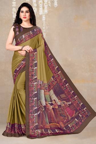 women's solid/madhibani print chiffon saree -mustard
