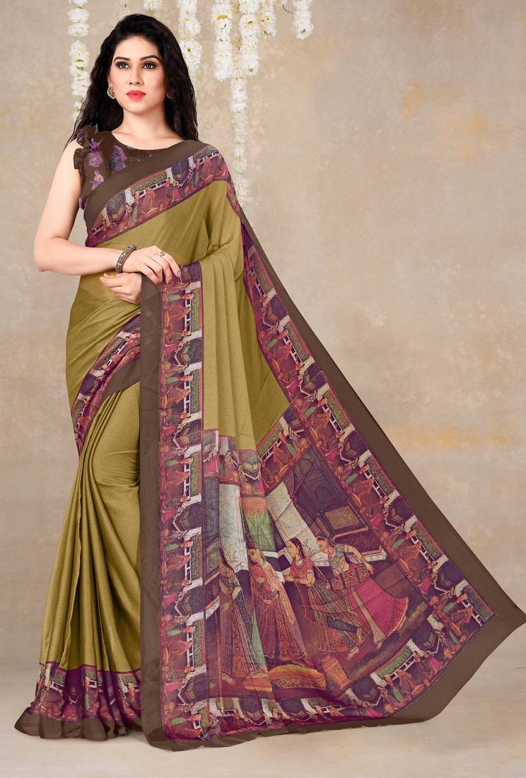 women's solid/madhibani print chiffon saree -mustard