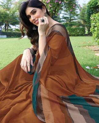 women's solid stripe print chiffon saree -rust 4