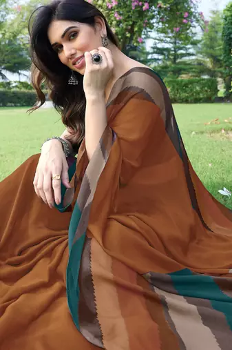 women's solid stripe print chiffon saree -rust