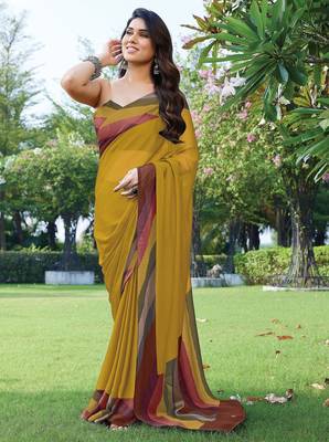 women's solid stripe print chiffon saree -yellow 3