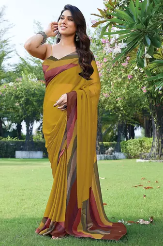 women's solid stripe print chiffon saree -yellow