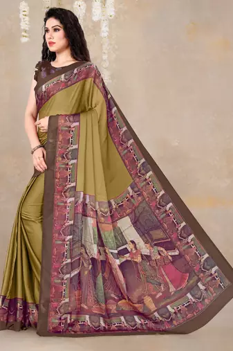 women's solid/madhibani print chiffon saree -mustard