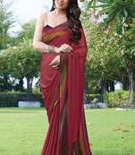 women's solid stripe print chiffon saree -coral
