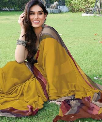 women's solid stripe print chiffon saree -yellow 4