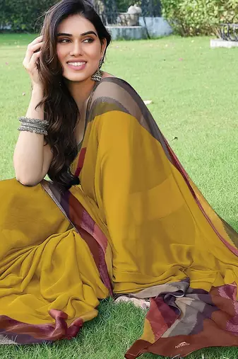 women's solid stripe print chiffon saree -yellow