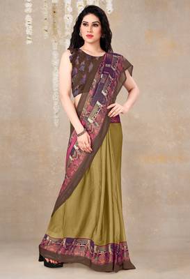 women's solid/madhibani print chiffon saree -mustard 3
