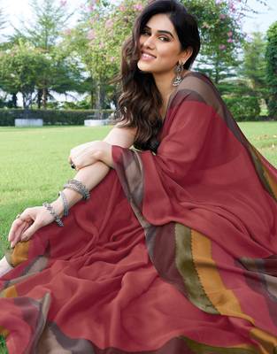 women's solid stripe print chiffon saree -coral 2