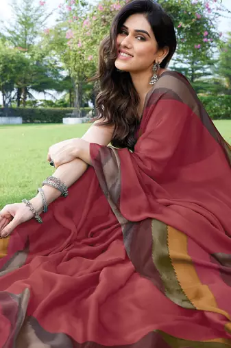 women's solid stripe print chiffon saree -coral
