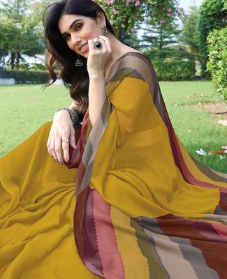 women's solid stripe print chiffon saree -yellow 5