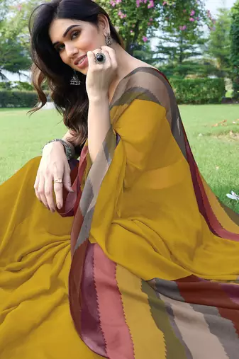 women's solid stripe print chiffon saree -yellow
