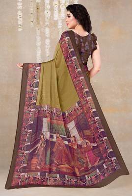 women's solid/madhibani print chiffon saree -mustard 4