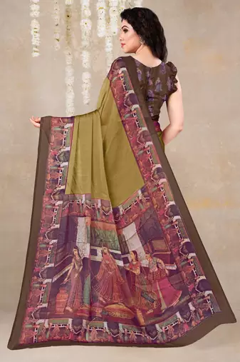 women's solid/madhibani print chiffon saree -mustard