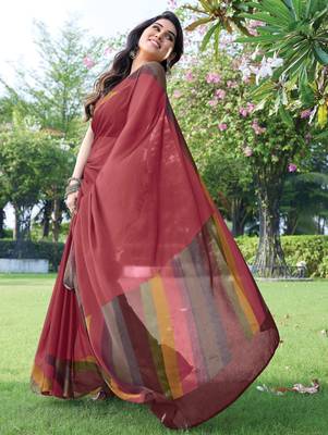 women's solid stripe print chiffon saree -coral 3
