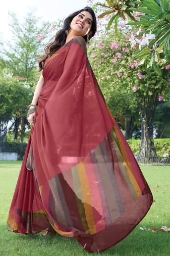 women's solid stripe print chiffon saree -coral