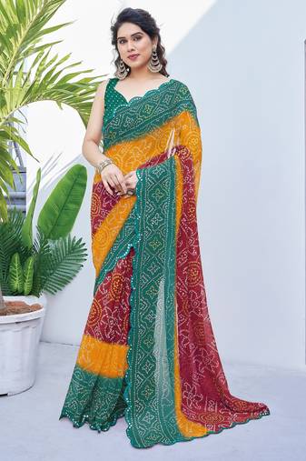 women's badhani print georgette saree -green