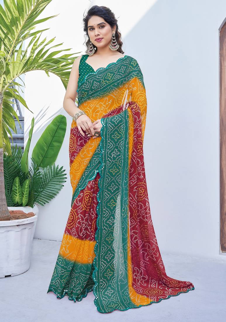 women's badhani print georgette saree -green