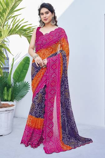 women's badhani print georgette saree -pink