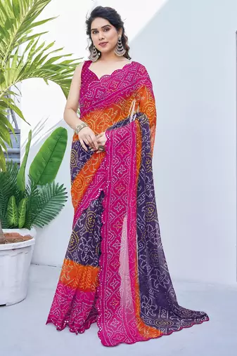 women's badhani print georgette saree -pink