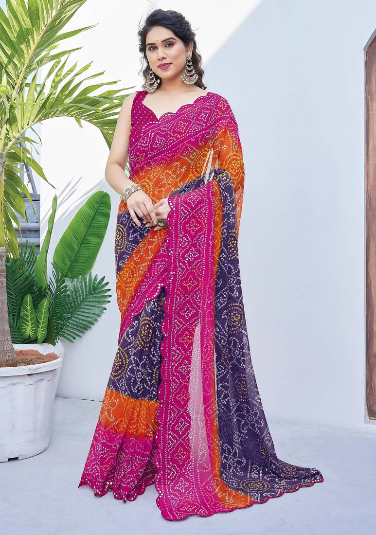 women's badhani print georgette saree -pink