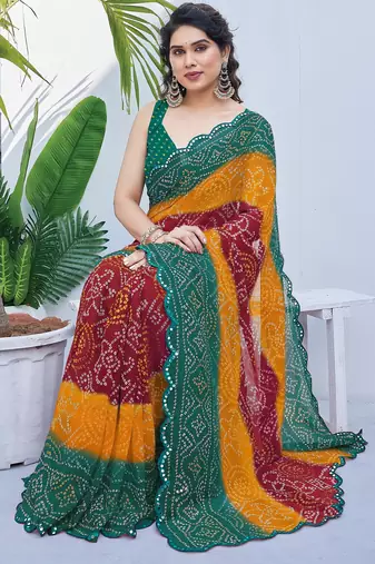 women's badhani print georgette saree -green
