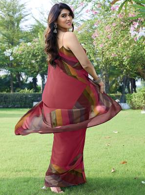 women's solid stripe print chiffon saree -coral 5