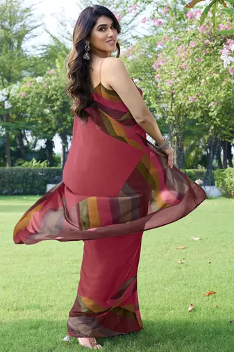 women's solid stripe print chiffon saree -coral
