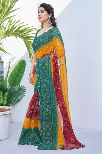 women's badhani print georgette saree -green