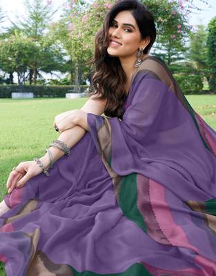 women's solid stripe print chiffon saree -lavender 2